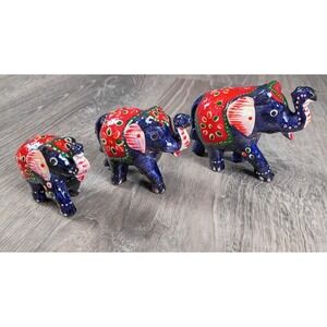 Decorative Raj Design Hand Paineted Vtg Trunk Up Elephant Figurine 3 Family